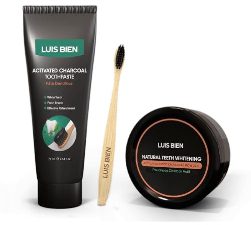Luis Bien - Kit de Soins & Blanchiment Dentaire au Charbon Actif - Sourire Éclatant & Haleine Fraîche - Poudre, Dentifrice et Brosse à Dents en Bambou - 50g/75ml