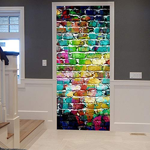 A.Monamour Türtapete Selbstklebend Türfolie Türposter 3D Bunter Gemalter Hintergrund Druck Der Graffiti Backsteinmauer Ziegelwand Vinyl Folie Türdeko Tapete Wandbild Türaufkleber Türtattoo 90 x 200 cm