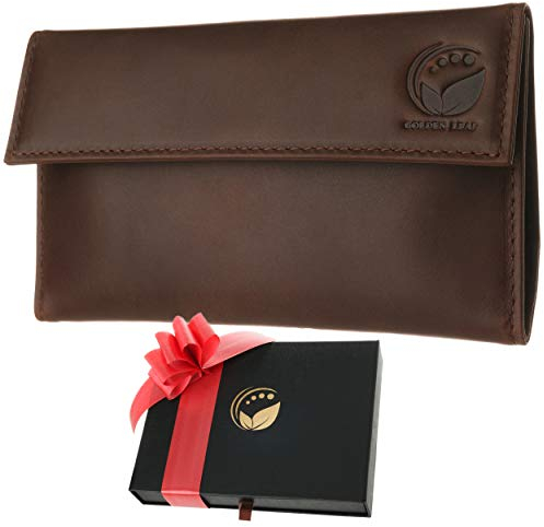 Golden Leaf Tabaktasche aus Leder | Edle Tabakbeutel Leder mit Platz für Tabak, Filter und Doppelpack Drehpapier | Mit extra Tasche für weiteres Zubehör | Drehtabak Tasche für Damen & Herren