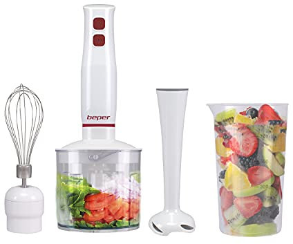 BEPER P102FRU200 Set frullatore a immersione 4in1,400W, Frullatore, Tritatutto 500 ml, Frusta, Bicchiere graduato 700 ml, Funzione turbo, Bianco/Rosso