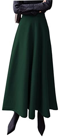 Damen Lang Rock Elegant Maxi Winterrock Plaid Warm Wollrock Hohe Taille Karierter röcke Herbst Elastische Taille Vintage A Linie Casual Midi Faltenrock C Dark Green L