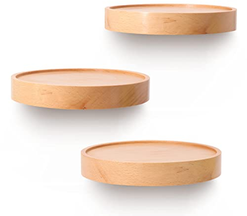 AceList Wandregal Holz - Schweberegal Wandregal rund - Regale Wandablagen -Deko Regal-Pflanzenregal Holzregal - Wandboard Hängeregal Buchenholz - 3er Set -Hellgelb(Durchmesser Ø15cm)