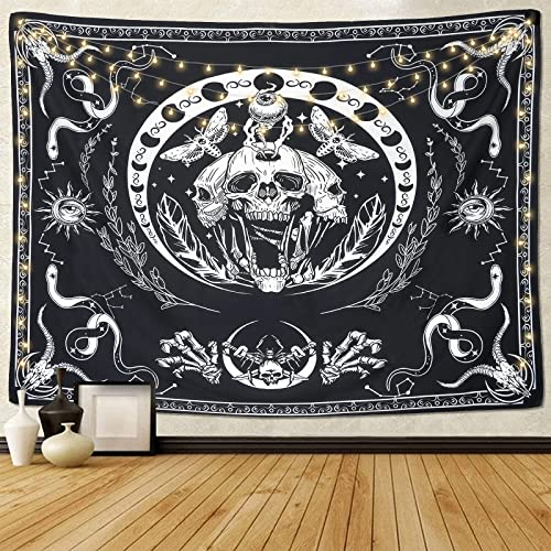 Dremisland Trippy Schädel Wandteppich Schwarz Skelett-Tapisserie Schlangen Motten Wandbehang Mandala Mondphase Tuch Wandtuch Dekor für Schlafzimmer ästhetisch Wohnheim