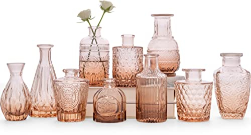 Lot de 10 Petits vases en Verre ambré pour Fleurs, bourgeons, Style Vintage Mignons pour centres de Table, décorations de Mariage, décoration de Table (Rose Orange)
