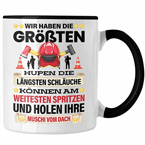 Trendation - Feuerwehr Tasse Geschenk für Feuerwehrmann Geburtstag Männer Spruch Versaut Erwachsenen Humor (Schwarz)