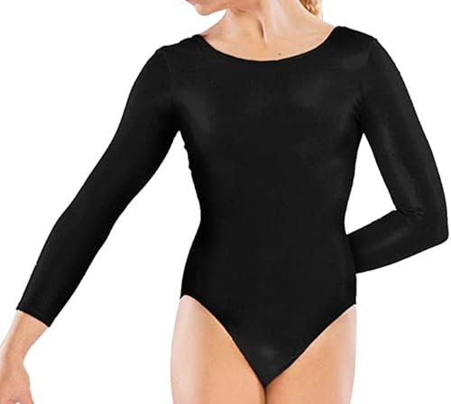 Girls Long Sleeve Leotard for Ballet, Dance, Gymnastics & PE – Kids Bodysuit Ages 5–14 – Stretchy Full Sleeve Uniform Top (Black, 7-8 years)