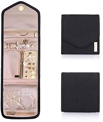 Hileyu Organizzatore di gioielli da viaggio Rotolo leggero e pieghevole Astucci per gioielli da viaggio Custodia Custodia per collane Porta orecchini Accessori per le vacanze Regali (Black)