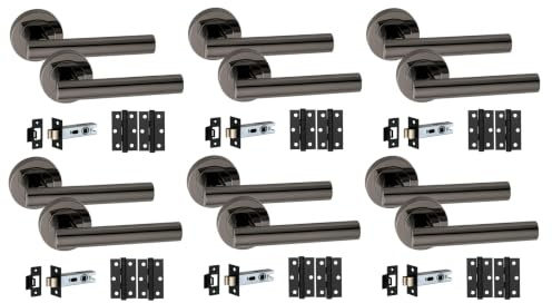 Golden Grace T-Bar Door Handle on Rose with Latch & Hinges, Metallic Black | Complete 6-pack bundle includes all required spindles and screws, equipped with a sprung lever and a sleek matt finish.