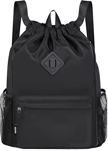 WANDF Drawstring Backpack Sports Gym Bag with Shoes Compartment, Water-Resistant String Backpack Cinch for Women Men (Black,Large)