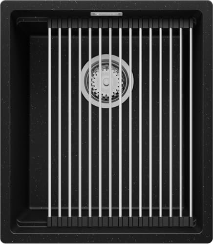 PRIMAGRAN Granitspüle Schwarz Metallic 41x47cm, Granitspüle 1 Becken + Zuberhor-Set, Küchenspüle ab 45er Unterschrank - Praga Slim S091