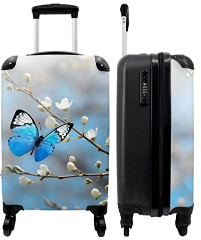 NoBoringSuitcases.com® Koffer Handgepäck Trolley Rollkoffer Kleine Reisekoffer mit 4 Rollen - Blumen - Schmetterling - Blau - Blüte - Weiß - 55x35x20cm - Fotokoffer - Kabinenkoffer - Boardgepäck