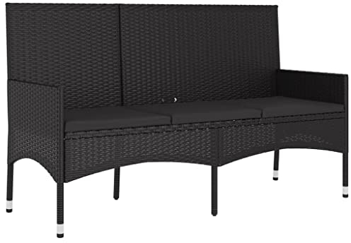 vidaXL Gartenbank, Sitzbank 3-Sitzer mit Kissen, Bank mit Armlehnen Rückenlehne, Parkbank Gartenmöbel Stahlrahmen, Schwarz Poly Rattan