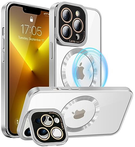 LLZ.COQUE for iPhone 13 Pro Max Case, Magnetic Case Compatible with MagSafe Charging, Camera Lens Protector Cover with Stand, Military-Grade Shockproof Clear Phone Case, Silver