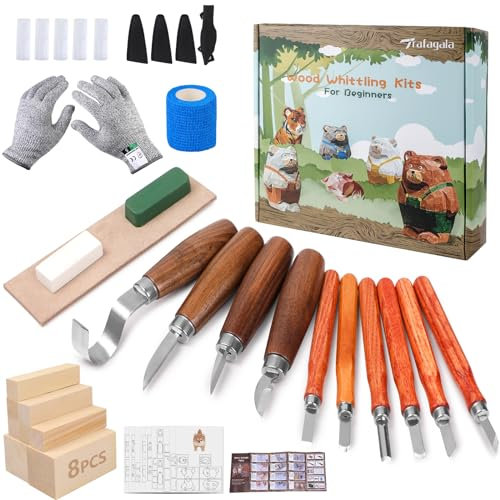 Kit per intaglio del legno, 4 coltelli da taglio e 5 coltelli K2 in acciaio al carbonio, set di strumenti per intaglio del legno, con 8 blocchi di legno di tiglio, per adulti, bambini, principianti,