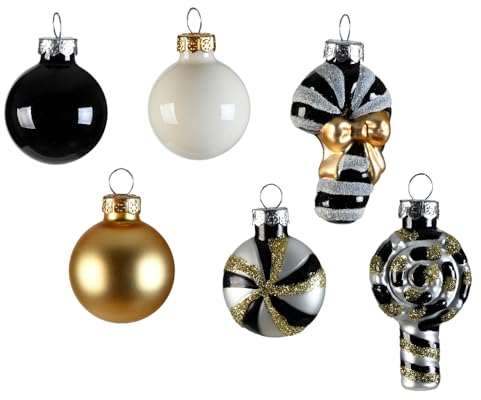 Weihnachtskugel Mix - Schwarz, Weiß, Silber; Gold - Christbaumschmuck - 9 im Set mit Hänger - 9 Stück im Mix