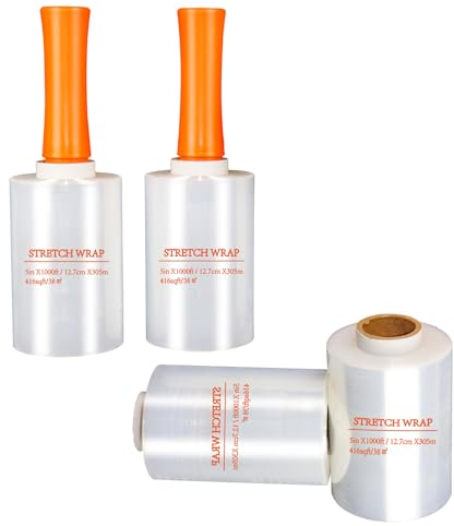 Stretchfolie, THESEATOP Stretchfolie mit Griffen, Kunststofffolie zum Bewegen, Schrumpffolie, Möbelfolie, Stretch für Umzug, Verpacken, Verpacken und Versand, 12,7 cm x 300 m, 4 Stück, 60 Gauge