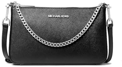 Michael Kors Jet Set Borsa a Tracolla Media Catena Borsa A Tracolla Nero Pelle Saffiano Pouchette Argento, nero, Medium