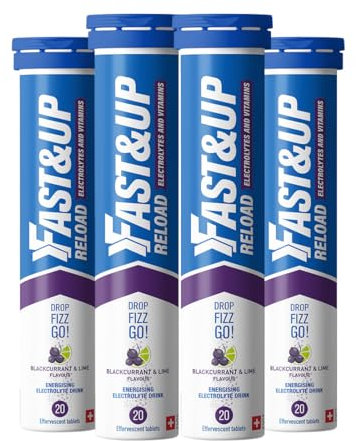 Fast&Up Reload – Blackcurrant & Lime Flavour – 80 Effervescent Tablets – Instant Electrolytes for Rapid Hydration & Energy - Added Vitamin C & B12 for Performance, Wellbeing, Travel & Recovery – Vegan