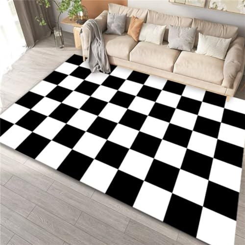 Pflegeleichter, Waschbarer Kurzflor-Teppich Für Wohnzimmer, Jugendschlafzimmer Und Karomuster 160X230Cm Teppich Kinderzimmer Junge Vorzimmer Teppich Schwarz Und Weiß Kinderzimmer Teppiche Mädchen