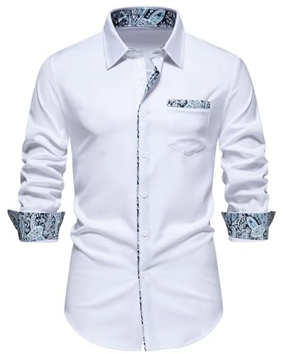 Men's Inner Contrast Dress Shirt Paisley Business Casual Smart Formal Classic Long Sleeve Regular Fit Button Down Wedding Party Work Shirts with Pockets-A355-White-XL