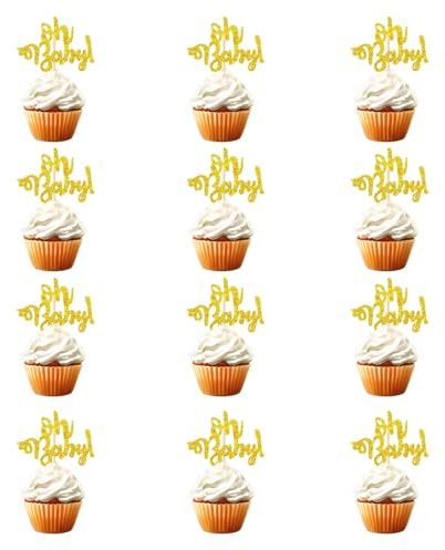 36 Stück Oh Baby Shower Cake Toppers, Oh Baby Cupcake Toppers, Gold Muffin Topper Geburtstag, Glitzer Cupcake Deko für Hochzeit Geburtstag Party Kuchen Dekorationen Jubiläen Party Dekoration