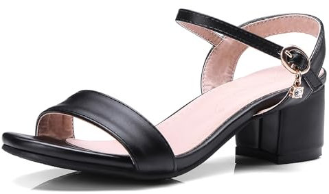 OALEEN Sandales Femme Eté Talon Carré Bride Cheville Nu-pieds PU Cuir Confortable Chaussures Ouverte Soirée Mariage Noir 43