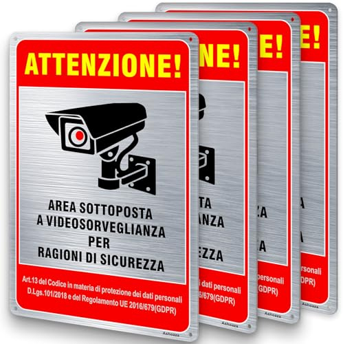 Ashoaza Cartello Area Videosorvegliata Alluminio con Avviso GDPR, 4 Pz Cartelli area Videosorveglianza, 20x30cm, con 4 Fori Preforati, Impermeabile, per Casa e Negozio, Interno ed Esterno