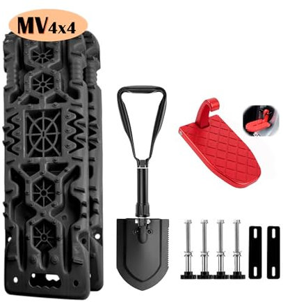 MV 4x4 Kit Autorescate Incluye 2 Planchas de Desatasco con Soporte para Hi-Lift con Funda, Soportes de sujección, Pala Plegable con Funda y Pedal Tablero de Recuperación Placa Antideslizante