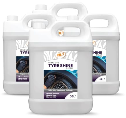 FILO Tyre Shine Clear 4x5L - Professional Tyre Dressing Liquid for Automotive Detailing - Achieve a Deep Black Tyre Shine Wet Look - Weatherproof Silicone Formula - High Gloss Wheel Treatment