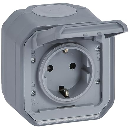 LEGRAND, Plexo New Feuchtraum-Steckdose, Schuko-Standard, inklusive Klappdeckel, Berührungsschutz, Installation mit Schraubklemmen, 16 Ampere, 250 Volt, IP44 - IK07, Farbe: Grau, 069733L