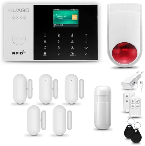 HUXGO® HXA005 Allarme casa senza fili WiFi + GSM con wireless Sirena | Kit allarme con 1x rilevatore di movimento, 5x sensori per porte e finestre, telecomando | TUYA Smartlife App