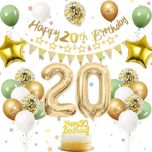 20. Geburtstag Deko Salbeigrüne, Luftballon Deko 20. Geburtstag Frau Mann, Geburtstagsdeko 20 Jahr, Gold Folienballon 20, Grün Weiß Gold Luftballons 20 Jahr mit Banner Tortendeko für Party Dekoration
