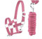 Halfter Führstrick Set mit Panikhaken verstellbar Pferdehalfter Pferd Holzpferd Anbindestrick (Panikhaken Pink, Shetty)