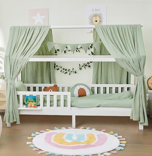 ALAVYA HOME® Hausbett 90x200 mit Matratze und 3-TLG DEKO Set Khaki, inkl. Buchablage Rausfallschutz und Lattenrost | Massivholz der Buche FSC zertifizierter Kinderbett 90x200 für Mädchen - Weiß