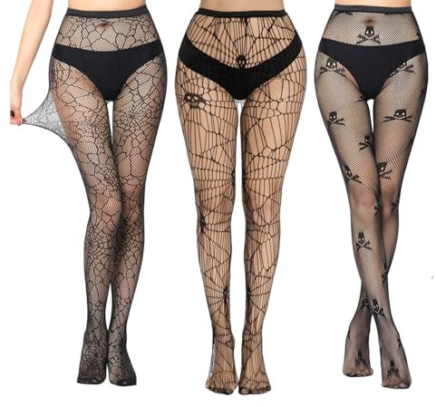Elepl 3 PCS Medias Rejilla Mujer HalloweenAlta Elástico Medias de Rejilla Negras Esqueleto & Telarañas Medias de Red de Pesca Medias Malla para Disfraz Halloween Accesorios