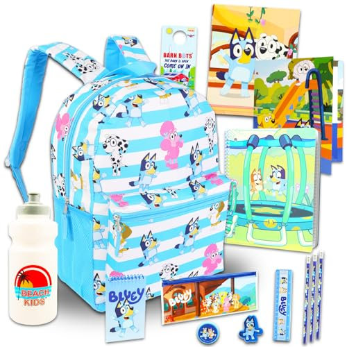 Bluey Rucksack für Kinder Set – Paket mit 40,6 cm blauem Rucksack, Ordnern, Notizbuch, Wasserflasche, Aufklebern, mehr, Blauer Schulbedarf für Jungen, Mädchen, Blau, Bluey Backpack for Kids, Bluey