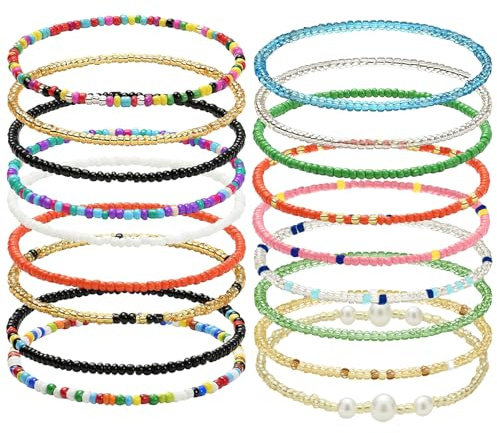 UTXN Lot de 18 bracelets de cheville pour femme, bracelets de cheville multicouches pour femme, bracelets de cheville élastiques à perles, grande taille pour femmes, filles, vacances à la plage