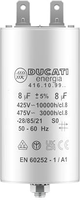 Condensateur 8 uF pour Moteur Monophasé - Utilisation pour Kärcher, Pompe de Piscine, Porte de Garage - 425/450V/475V - Condensateur de Démarrage/Permanent avec Cosses 6,4mm