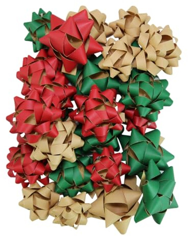 Eurowrap Traditional Red, Green & Kraft Christmas Eco Gift Ribbon Bows - Pack of 16