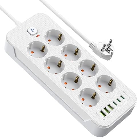 Steckdosenleiste mit Schalter, AOUOO 8 Fach Mehrfachstecker mit Verlängerungskabel 2M, 3USB/3Type-c (5V/3.1A), Max. 250 V / 16A, Steckdosenleiste Überspannungsschutz 3840W/16A für zu Hause, Büro Weiß