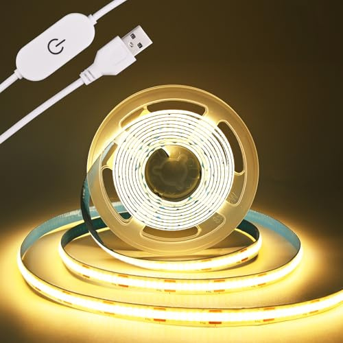 THUNGCIT 5V USB COB LED-Streifen 3M 3000K Warmweiß 320 LEDs/m | dimmbar, flexibel, geeignet für TV-Hintergrundbeleuchtung, Unterschrank- und Schlafzimmerbeleuchtung