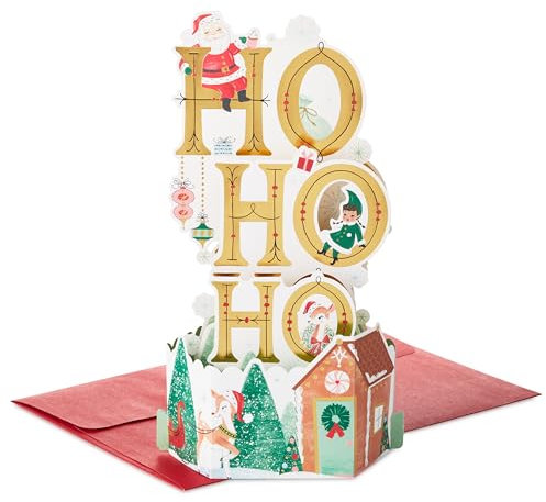 Hallmark Weihnachtskarte, Winterwunderland Design, 3D und Pop Up Karte, Weihnachtsmann, Elfen, Grün, Rot, Gold