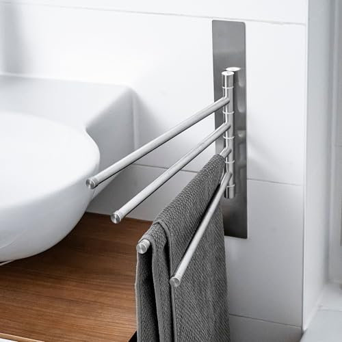 ELMOWO - Premium Edelstahl Handtuchhalter ohne Bohren 4-Armig und schwenkbar selbstklebend inkl. Spezialkleber (extrem sicherer Halt) - Handtuchhalterung für das Bad zur Wandbefestigung (Silber)