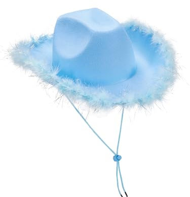 LYSINK Cowboyhut für Damen, flauschiger Pelzbesatz, Cowgirl-Hut, breite Krempe, hohe Kappe, Filz, Kuhhhüte, Rave-Junggesellenabschied-Zubehör, A-Blue Fluff, Einheitsgröße