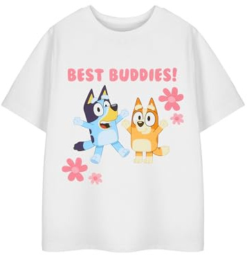 Bluey & Bingo Best Buddies! Girls Cartoon Graphic Tee | Classic White Crew Neck T-Shirt | Plain Short Sleeve Top for Casual Wear