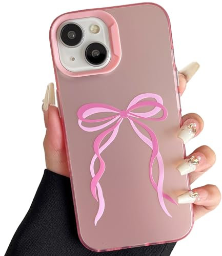 ZTOFERA Pink Case for iPhone 14 Plus/15 Plus (6.7), Aesthetic Phone Case with Cute Ribbon Bowknot Pattern, Glossy Hard PC Back Silicone Bumper Shockproof Protective Cover for Girls Women - Large Bow