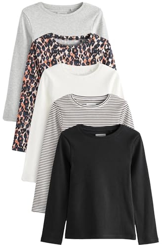 NEXT Mädchen Langärmelige Rippen-Tops im 5er-Pack Schwarz/Tier/Weiß/Streifen 168