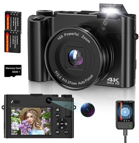Digitalkamera,4K 64MP Fotokamera Autofocus mit 16X Digital Zoom,Anti-Shake,Dual-Kameras,Vlogging Kompaktkamera mit 32GB Karte,2 Akkus,Charger für Jugendliche, Einsteige