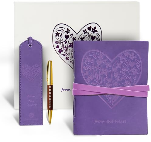Leather Journal Embossed Purple Heart Gift Set + Antique Leather Bookmark + Pen, Handmade Writing Notebook 8x6 Inches Unlined Bound Daily Notepad For Men & Women, Luxury Gift Box for all ages