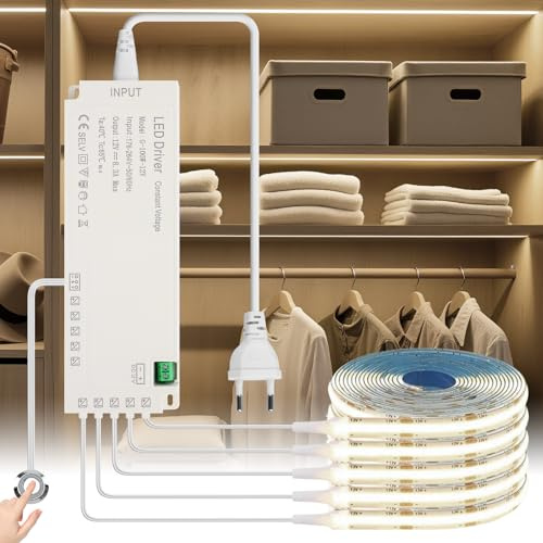 KSIBNW Tira de LED COB 1M, 6 Rollos 12V Blanco Natural 4000K Regulable Tira de Luz con Interruptor Táctil Luces LED Habitacion Adhesivas Recortable para Vitrina, Armario, Estanteria, Cocinas
